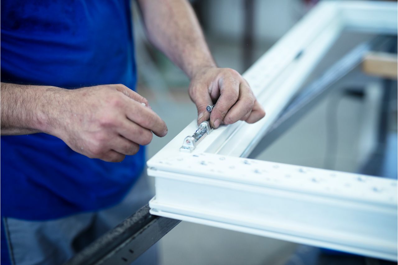 Close up of a man looking at aluminum windows