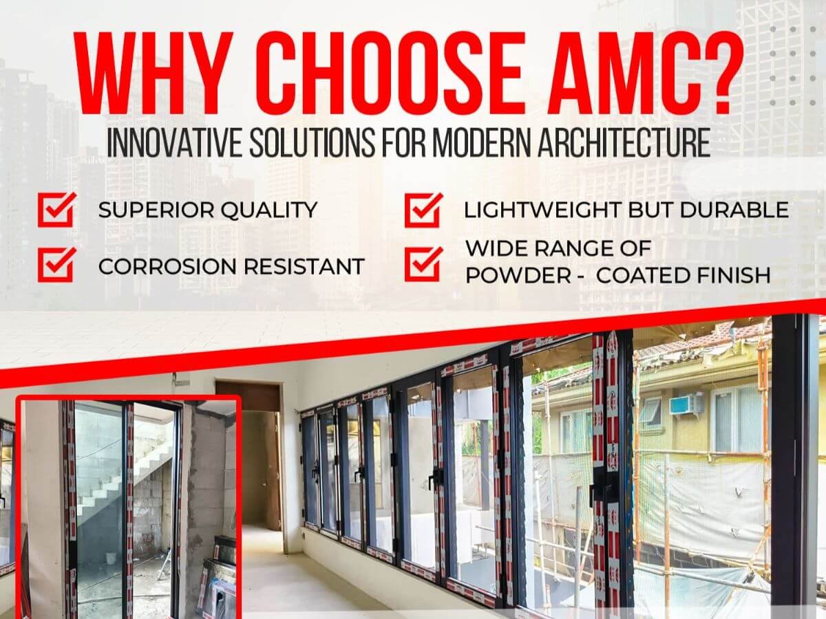 Promotional graphic explaining the benefits of AMC aluminum profiles, featuring superior quality, corrosion resistance, lightweight durability, and powder-coated finishes for modern architecture.