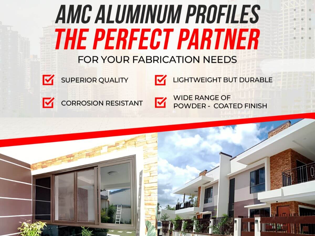 AMC aluminum profiles promotional banner showcasing durable and corrosion-resistant fabrication solutions with residential aluminum window and housing applications.