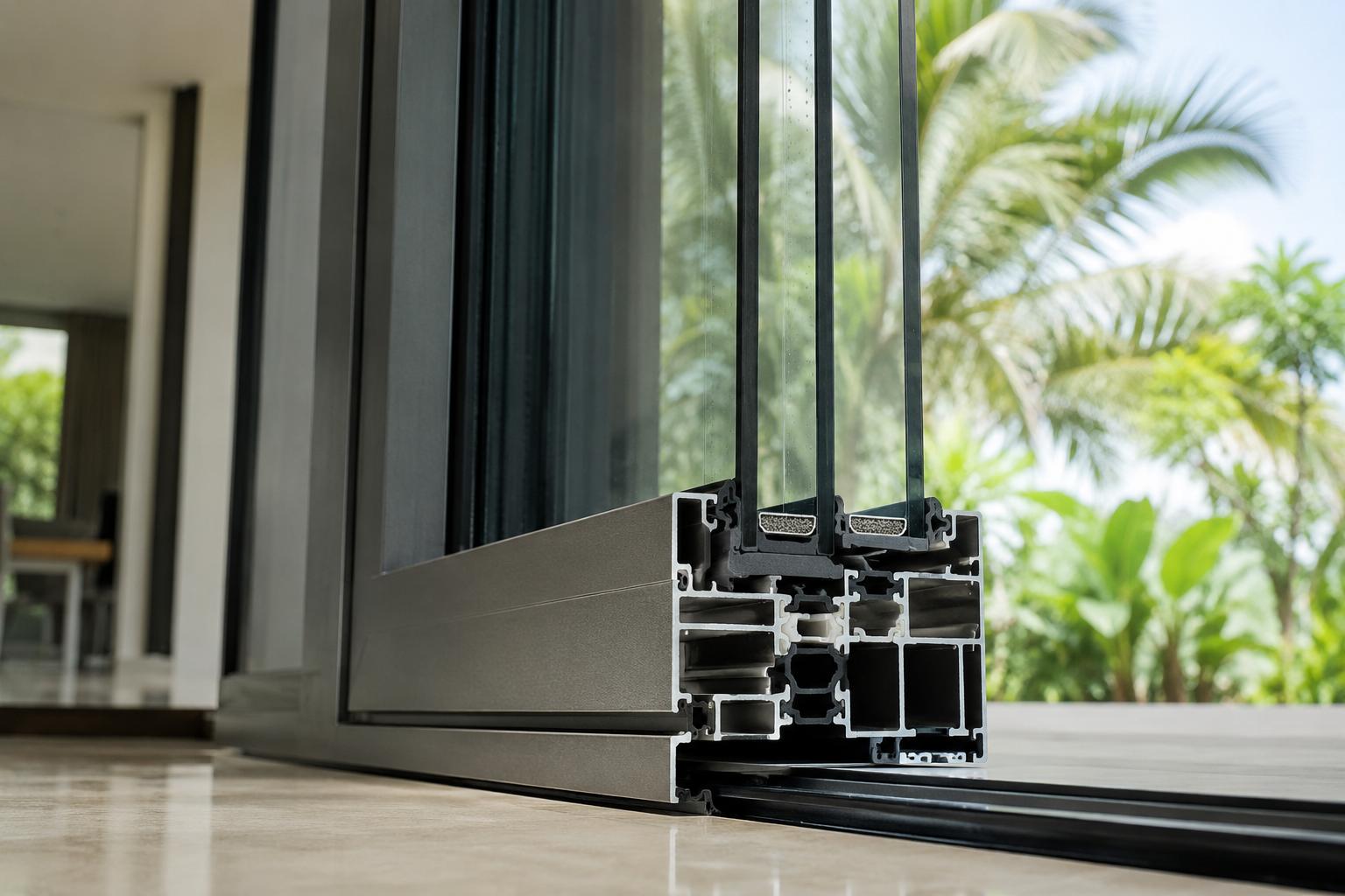 Close-up of an aluminum window and door profile section showing frame structure and glass panel installation