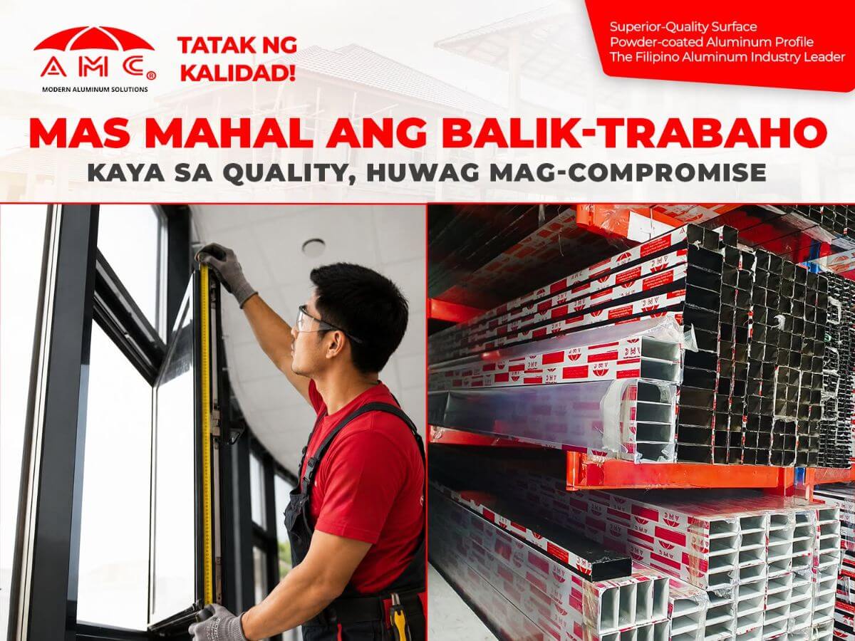 AMC quality banner showing a worker measuring a window frame beside stacked aluminum profiles
