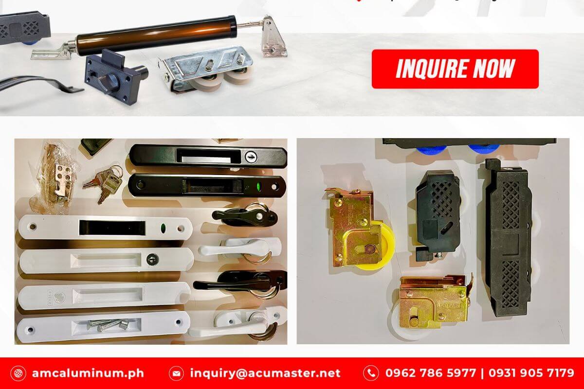 Aluminum window and door accessories including locks, rollers, handles, and hardware components