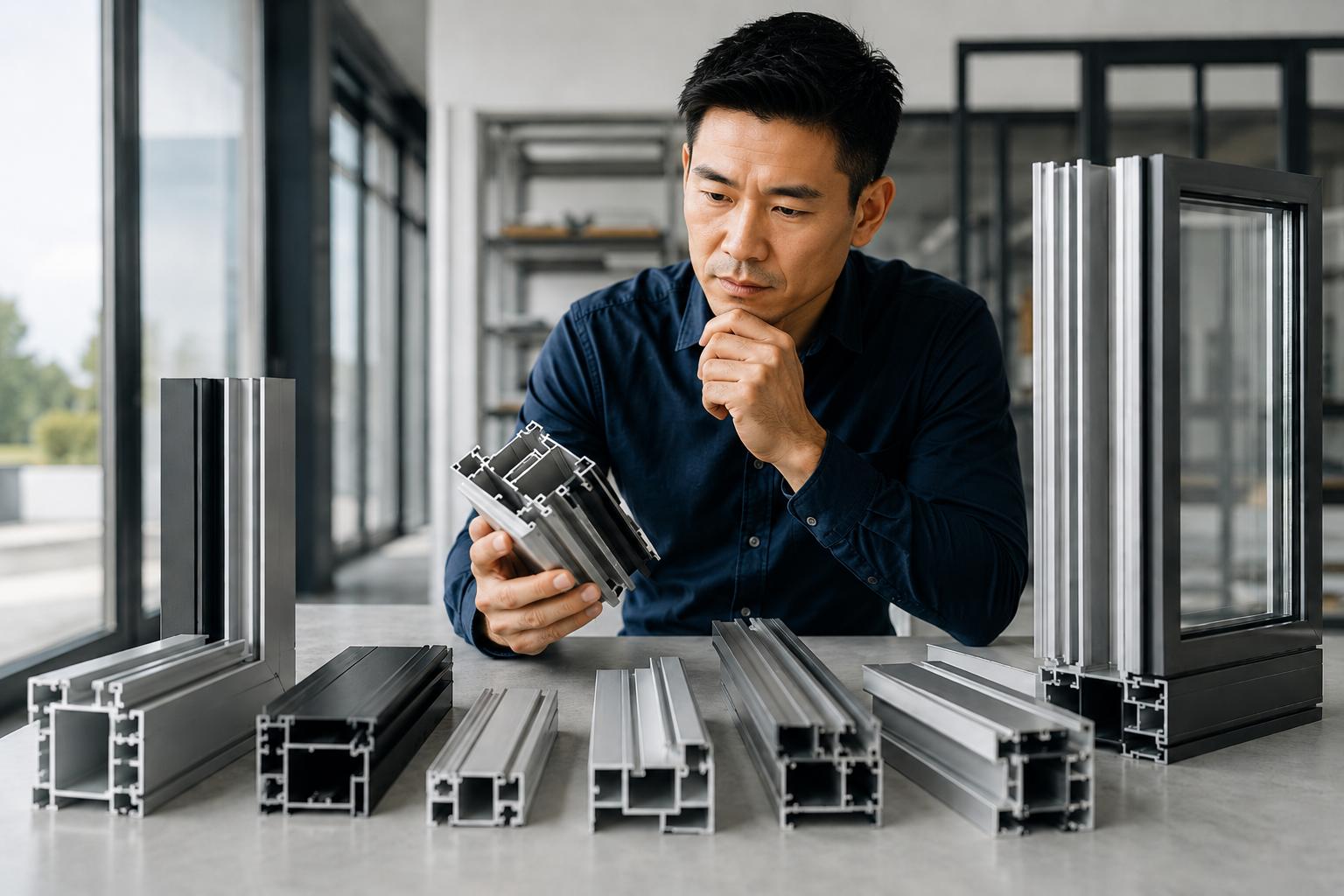 Man reviewing aluminum profile samples beside window frame sections for material selection