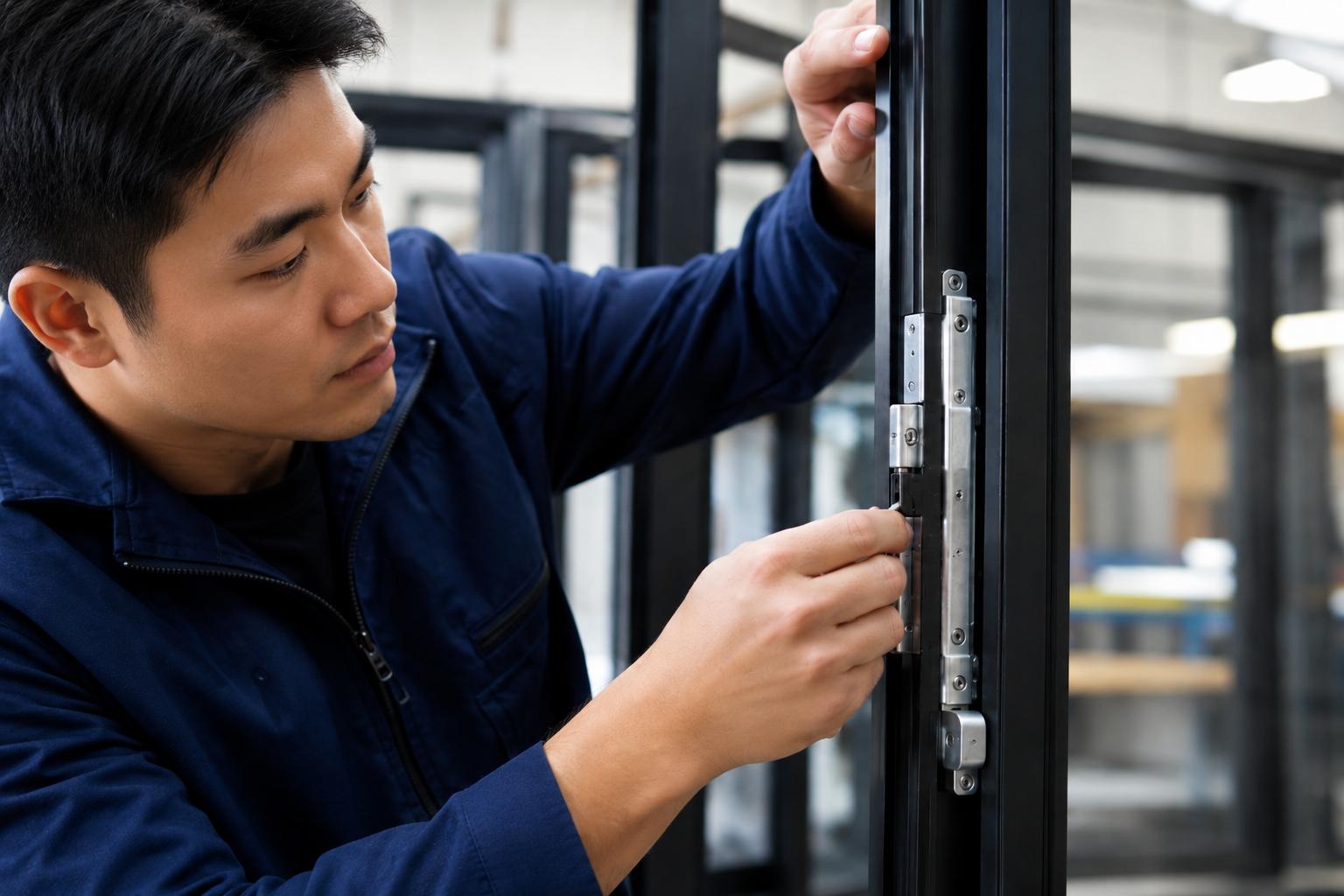 Technician installing hardware on a black aluminum door frame in a fabrication workspace