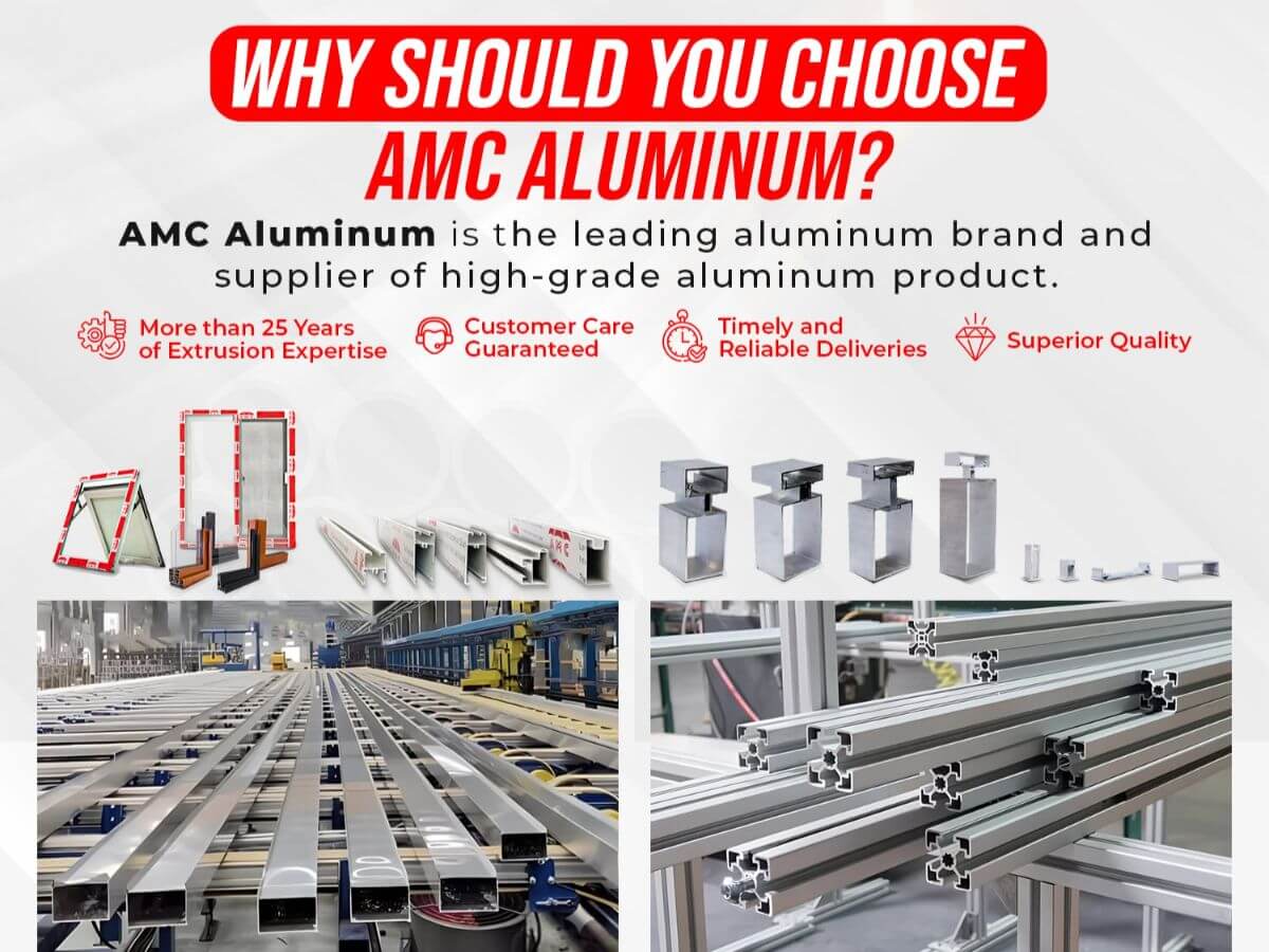 AMC Aluminum promotional graphic showing aluminum profiles, product samples, and brand benefits