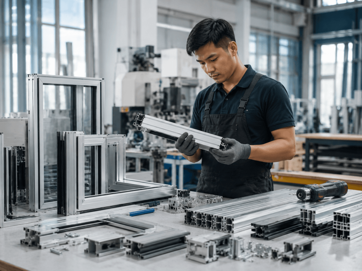 Worker inspecting aluminum profiles and window frame components inside a fabrication facility