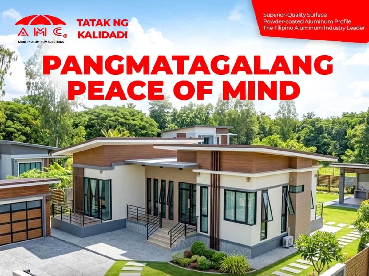 Modern home with AMC Aluminum branding promoting durable aluminum profiles for long-term peace of mind