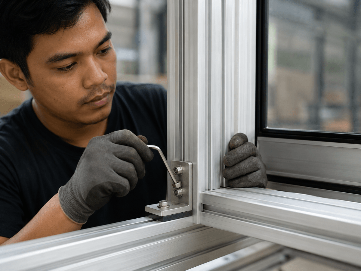 Worker securing an aluminum window profile to support structural stability and weather-resistant performance
