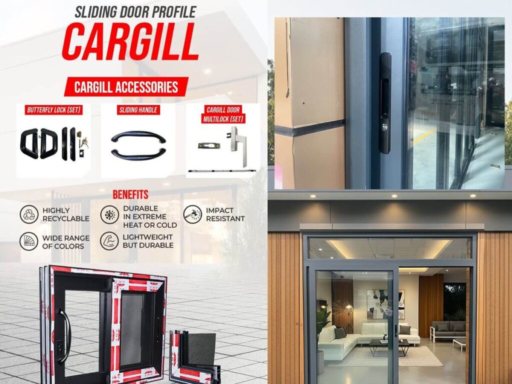 Aluminum sliding door profile system with accessories for commercial building entrances and openings
