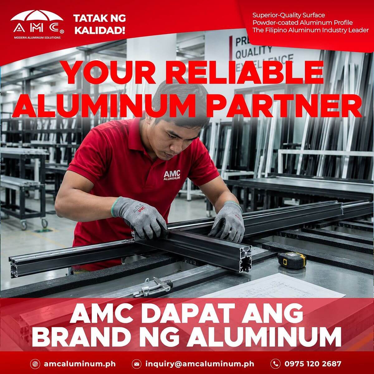 AMC worker measuring aluminum profiles, promoting reliable custom aluminum extrusion support for design teams