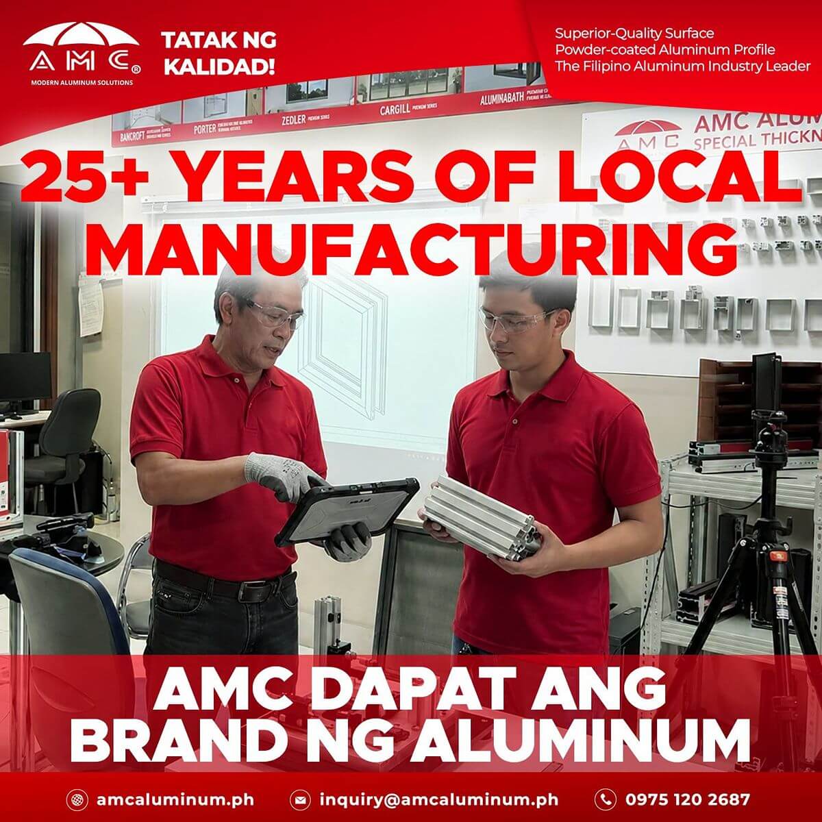 AMC Aluminum team reviewing extrusion profiles, highlighting 25 years of local manufacturing expertise