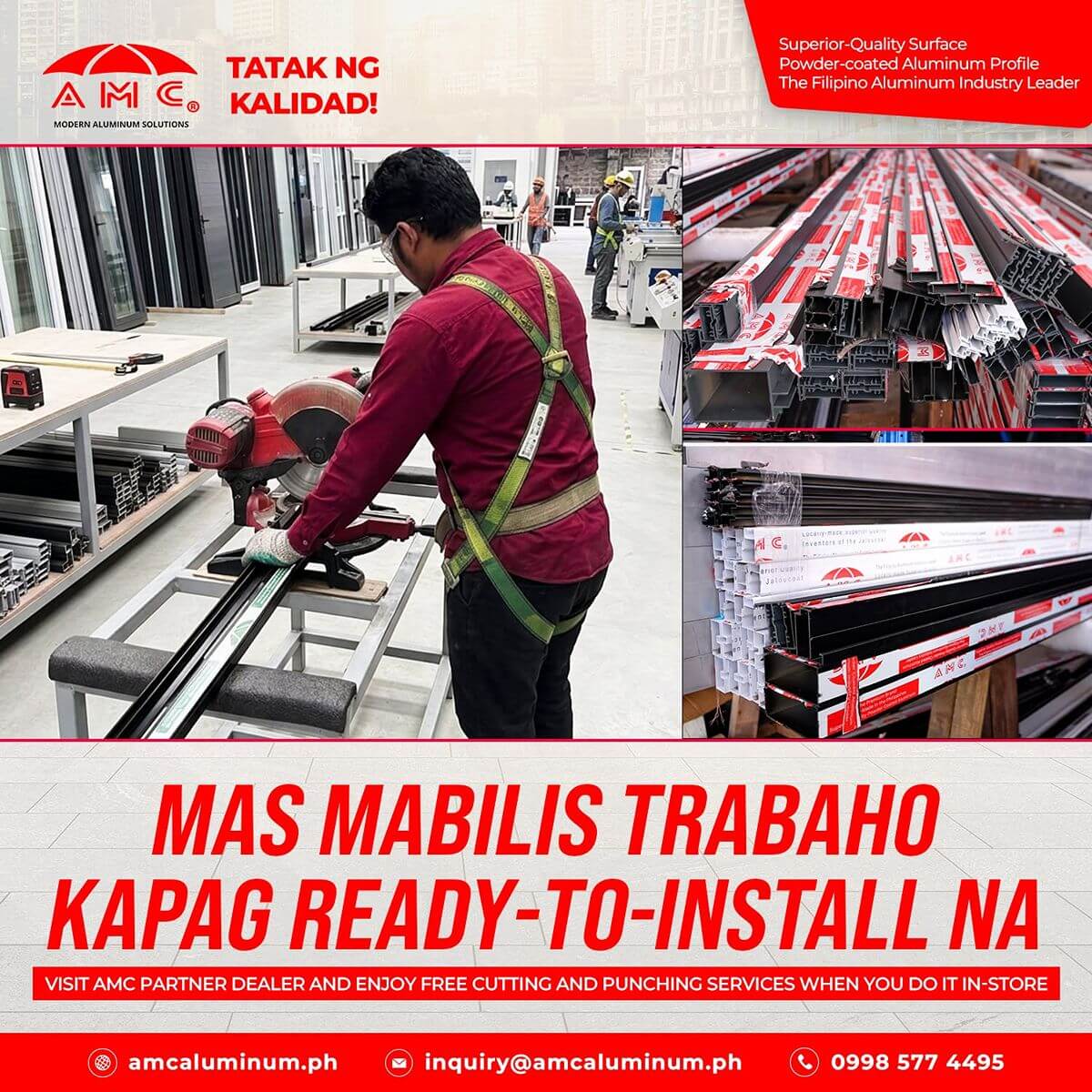 Aluminum profiles being cut and prepared for ready-to-install fabrication work