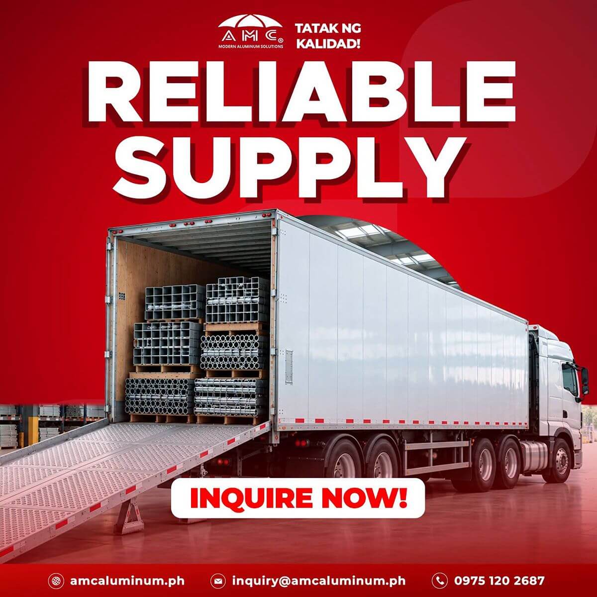 AMC Aluminum delivery truck carrying aluminum profiles, highlighting reliable supply for fabrication projects